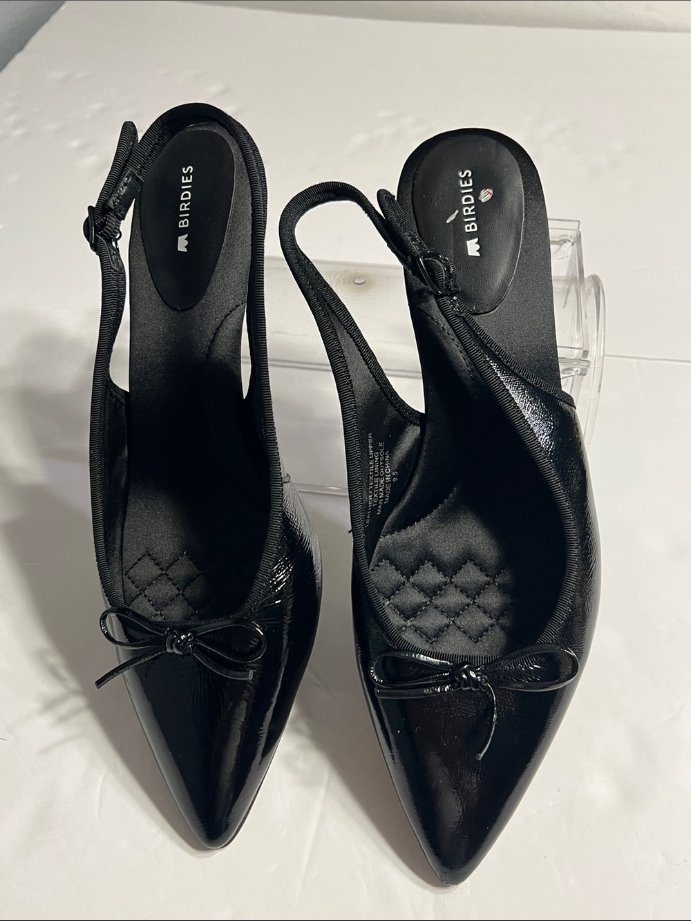 Birdies Black Patent Pointed Slingback Flats with Bow
